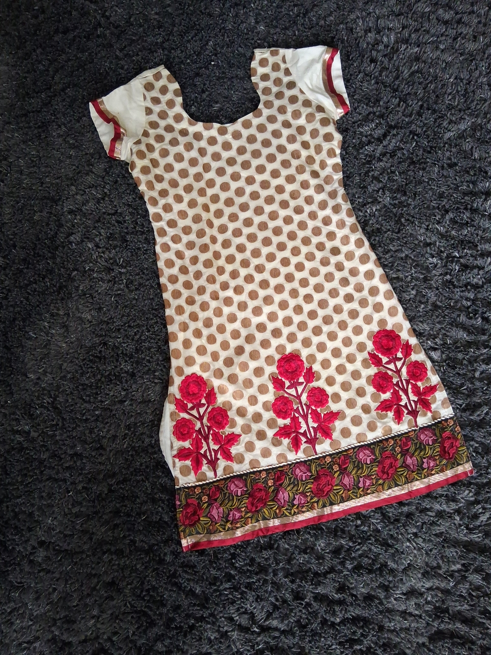 Polka Dot Floral Embroidered Tunic - White & Brown with Red Accents